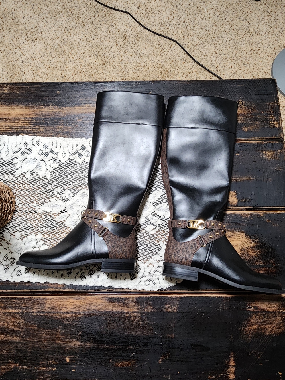 Michael Kors Black & Brown Leather Harness Riding Boots